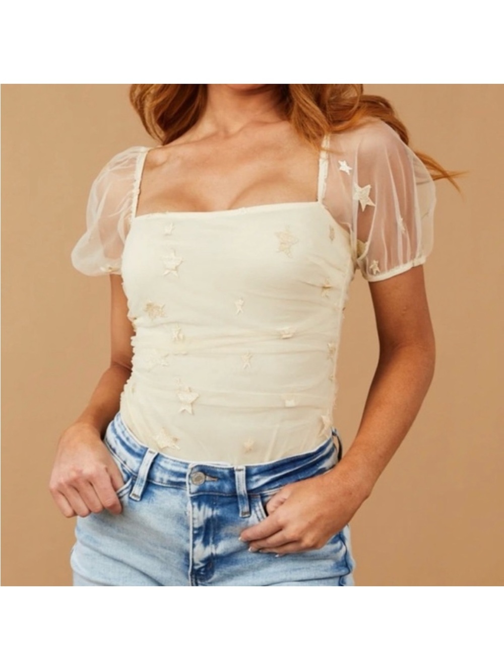 Le Lis Cream Sheer Puff Sleeve Square Neck Star Appliqué Camisole